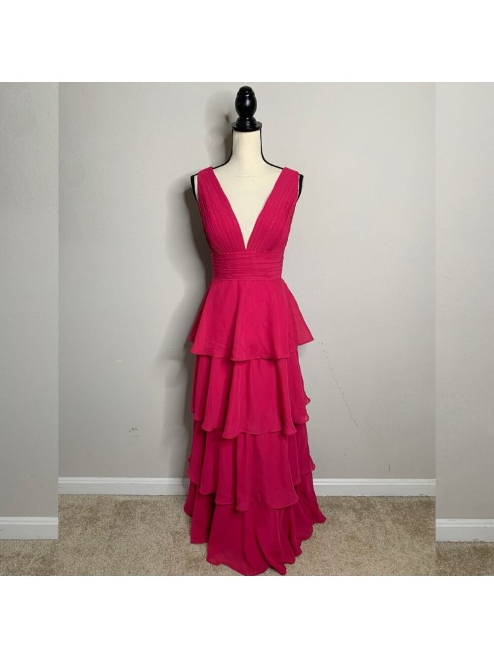 Fuchsia Pink Plunging V-Neck Tiered Chiffon Maxi Gown Sleeveless Formal Dress - Picture 4 of 14